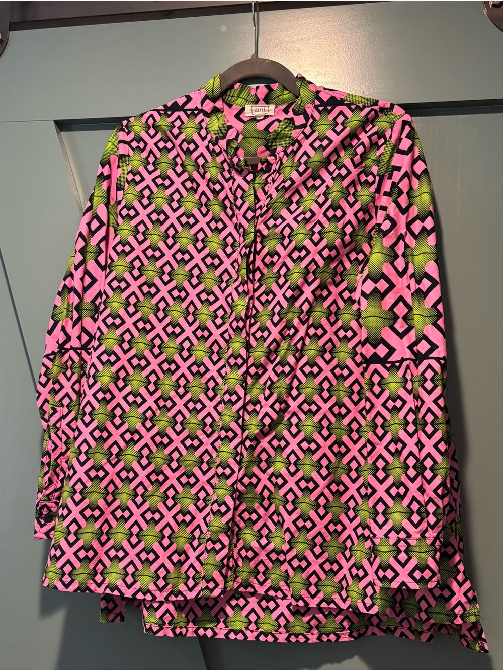 Zuri White Button-Up Shirt with Hot Pink and Green pattern